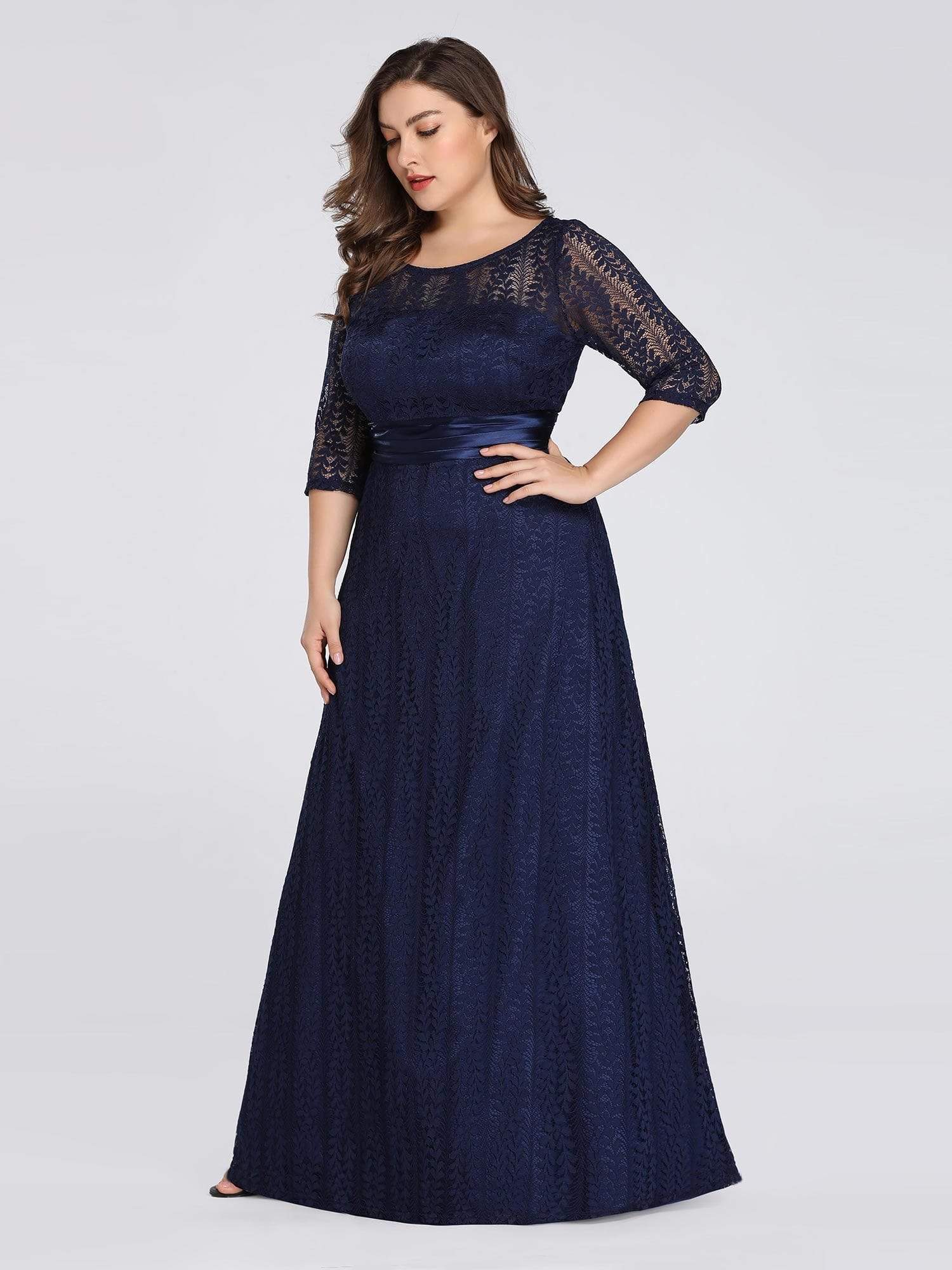 Color=Navy Blue | Plus Size Long Sleeve Lace Formal Mother Of The Bride Dress-Navy Blue 4