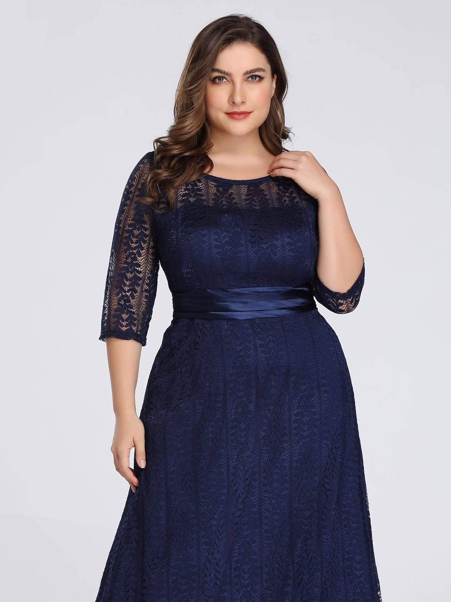 Color=Navy Blue | Plus Size Long Sleeve Lace Formal Mother Of The Bride Dress-Navy Blue 5