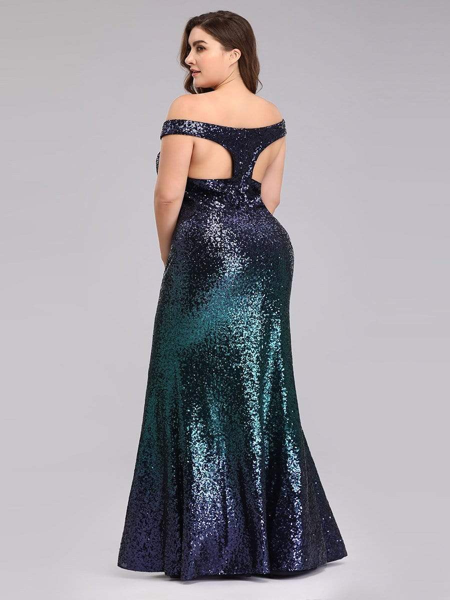 Color=Dark Green | Plus Size Off Shoulder Floor Length Sequins Evening Gown-Dark Green 2