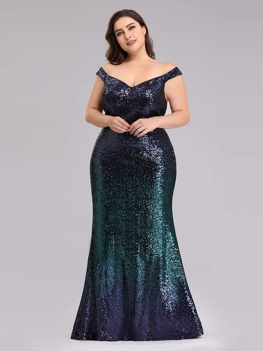 Color=Dark Green | Plus Size Off Shoulder Floor Length Sequins Evening Gown-Dark Green 3