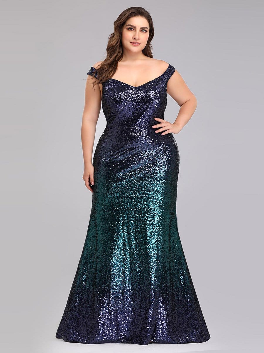 Color=Dark Green | Plus Size Off Shoulder Floor Length Sequins Evening Gown-Dark Green 4