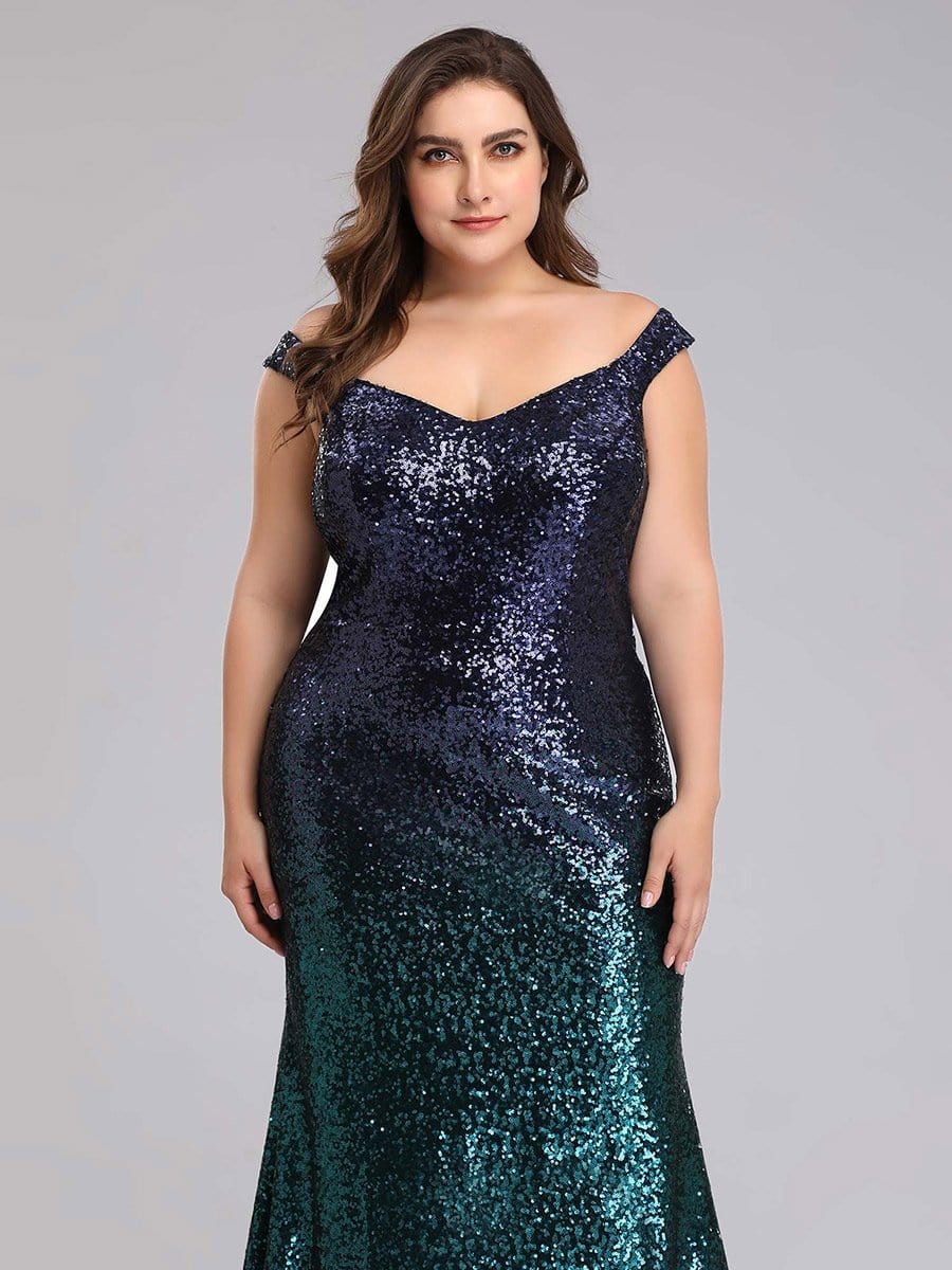 Color=Dark Green | Plus Size Off Shoulder Floor Length Sequins Evening Gown-Dark Green 5