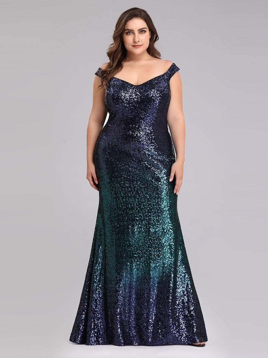 Color=Dark Green | Plus Size Off Shoulder Floor Length Sequins Evening Gown-Dark Green 1