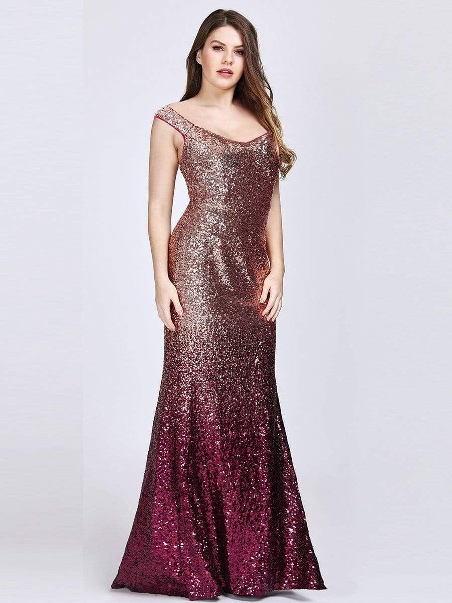 Color=Red | Plus Size Off Shoulder Floor Length Sequins Evening Gown-Red 4