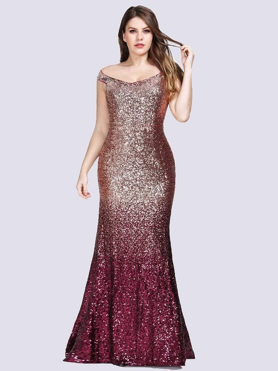 Color=Red | Plus Size Off Shoulder Floor Length Sequins Evening Gown-Red 1