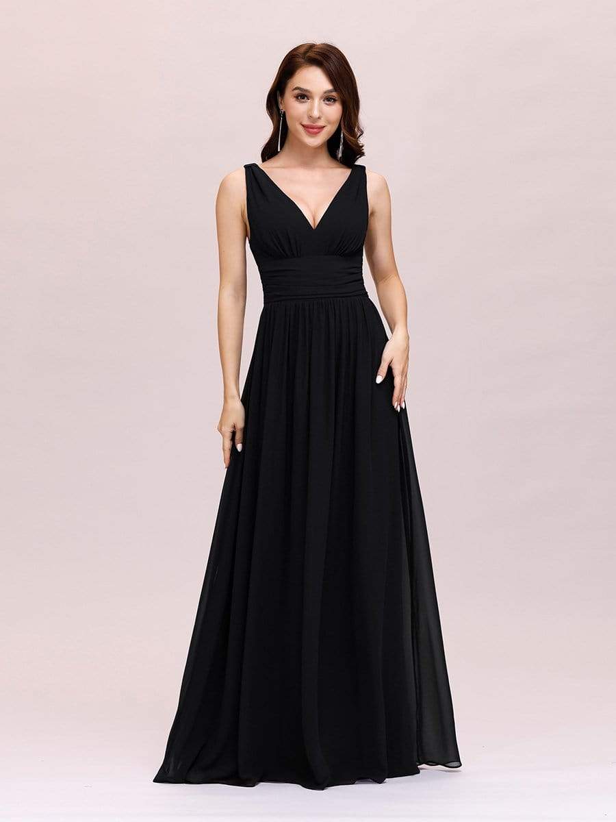 COLOR=Black | Sleeveless V-Neck Semi-Formal Chiffon Maxi Dress-Black 1