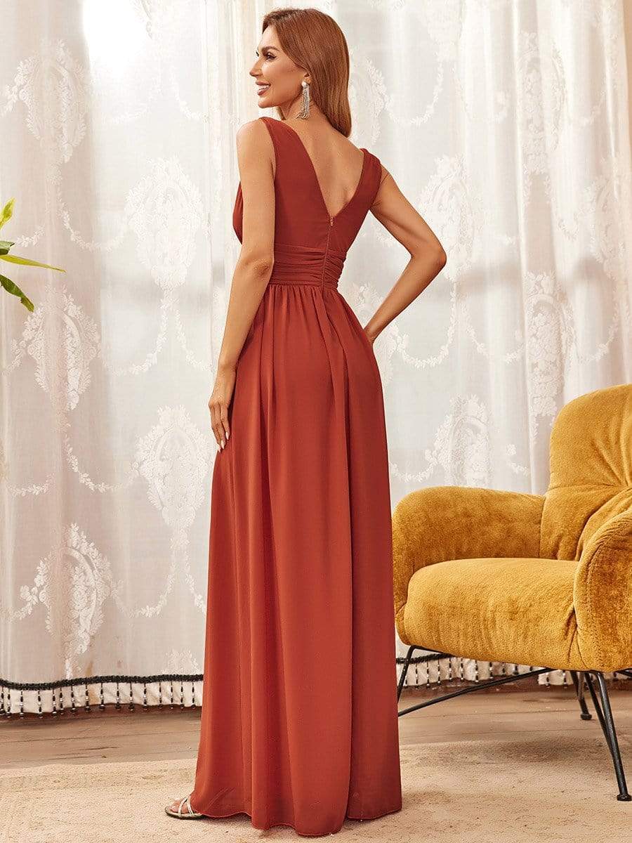 Elegant Sleeveless V-Neck Maxi Chiffon Bridesmaid Dress #color_Burnt Orange