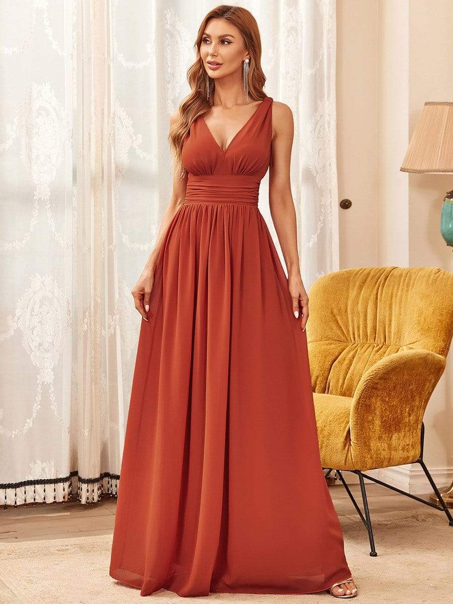 Elegant Sleeveless V-Neck Maxi Chiffon Bridesmaid Dress #color_Burnt Orange