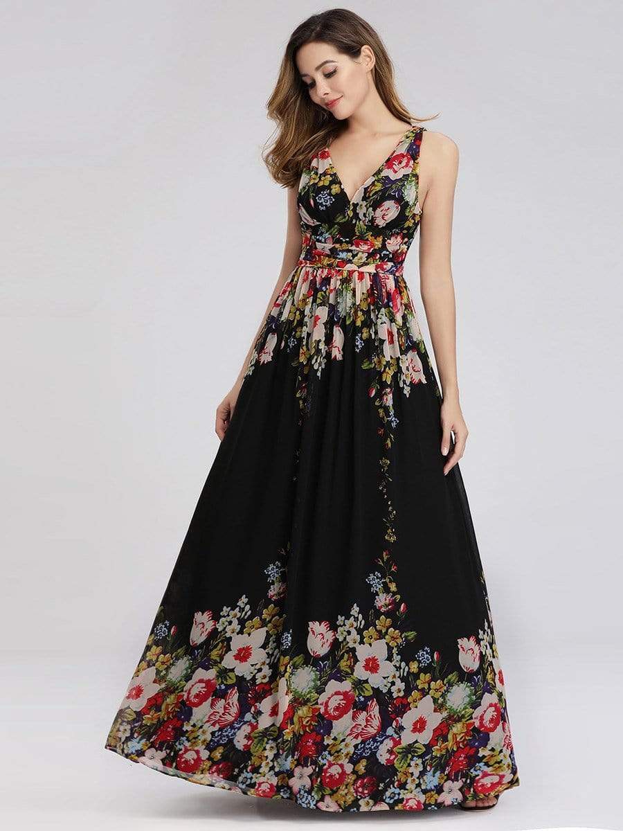 COLOR=Black and printed | Sleeveless V-Neck Semi-Formal Chiffon Maxi Dress-Black And Printed 1