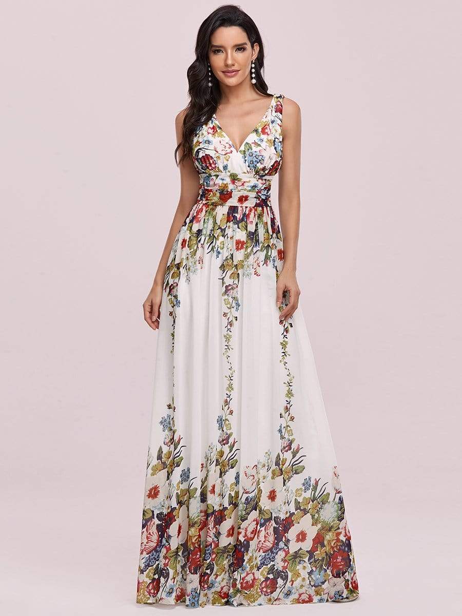 COLOR=Printed Cream | Sleeveless V-Neck Semi-Formal Chiffon Maxi Dress-Printed Cream 1