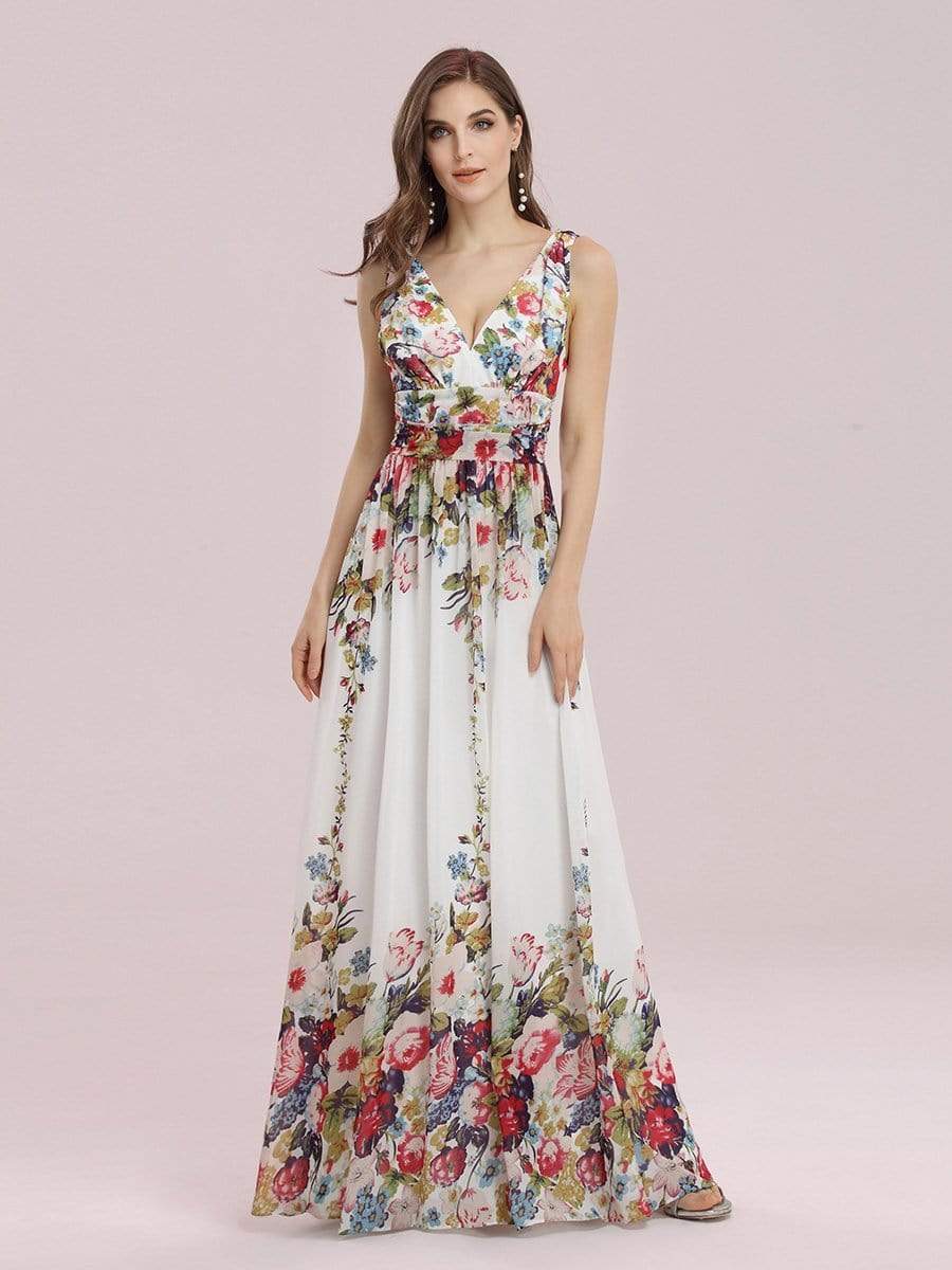 COLOR=Printed Cream | Sleeveless V-Neck Semi-Formal Chiffon Maxi Dress-Printed Cream 3