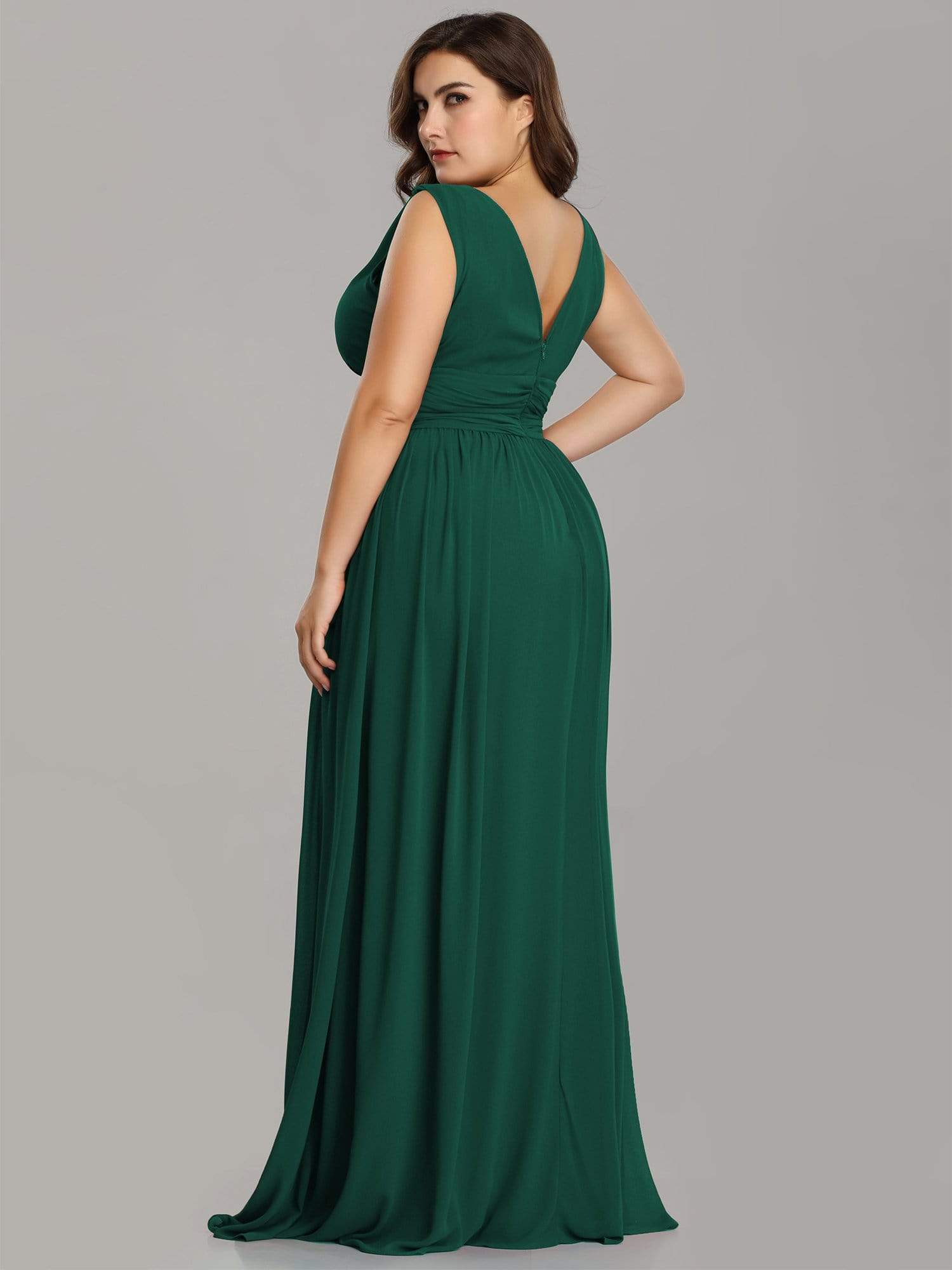 Color=Dark Green | Plus Size Sleeveless V-Neck Semi-Formal Chiffon Maxi Dress-Dark Green 2