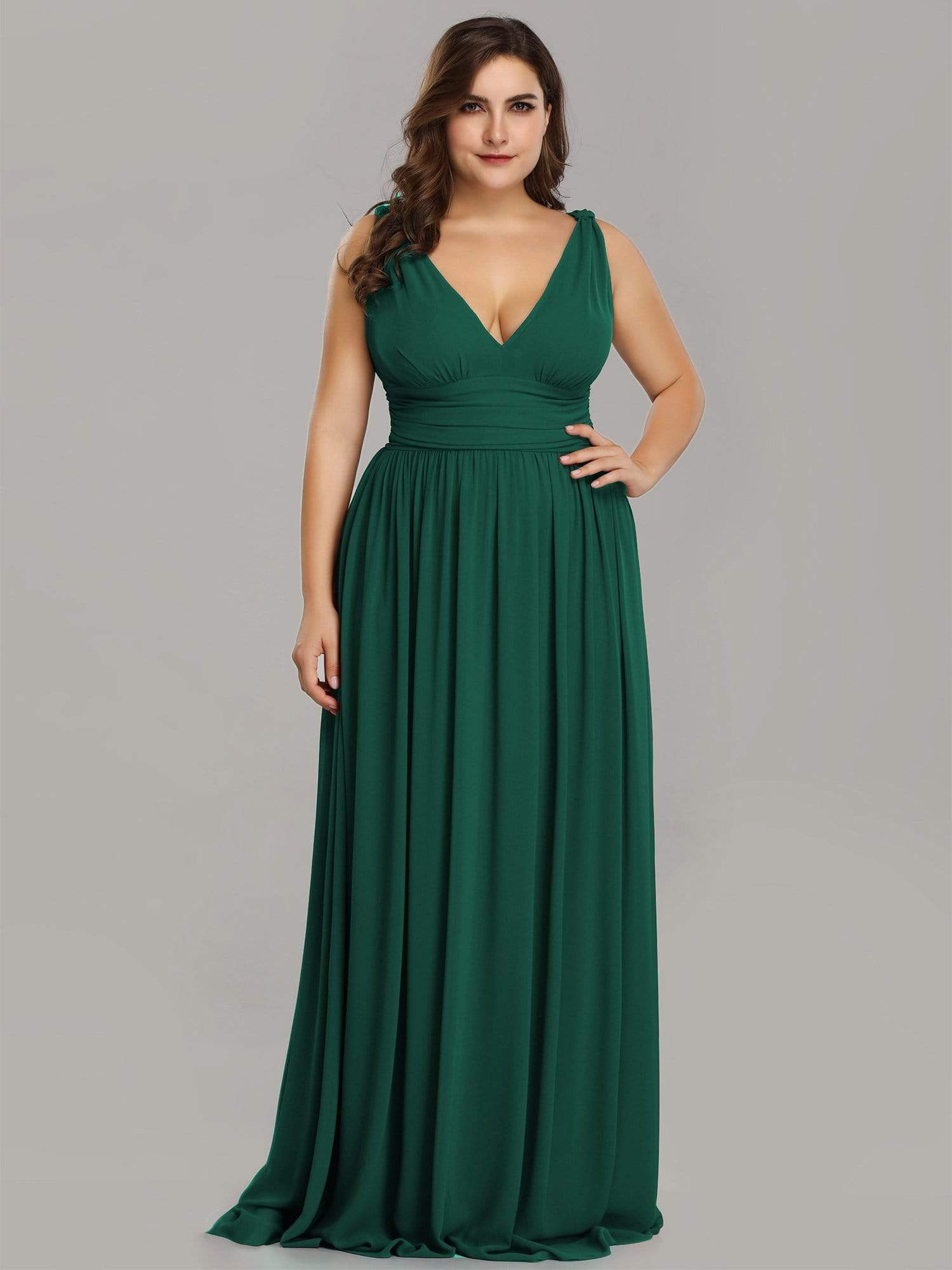 Color=Dark Green | Plus Size Sleeveless V-Neck Semi-Formal Chiffon Maxi Dress-Dark Green 4