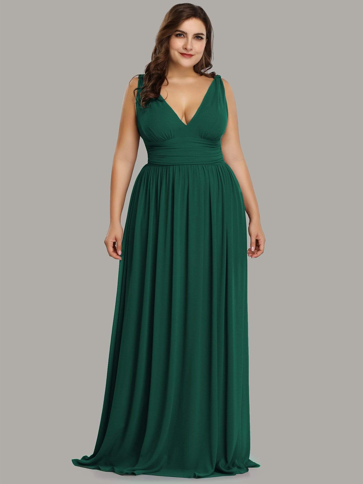 COLOR=Dark Green | Plus Size Sleeveless V-Neck Semi-Formal Chiffon Maxi Dress-Dark Green 1