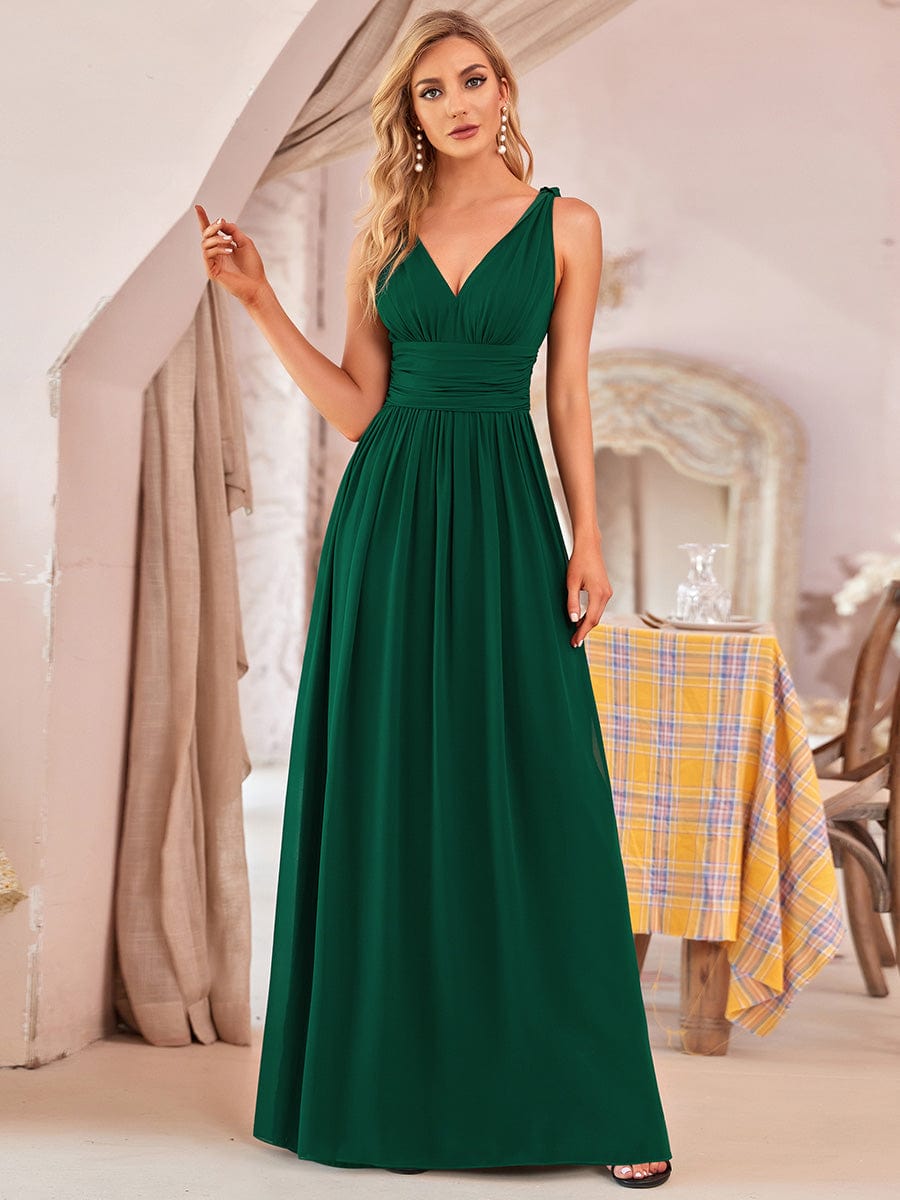 Elegant Sleeveless V-Neck Maxi Chiffon Bridesmaid Dress #color_Dark Green