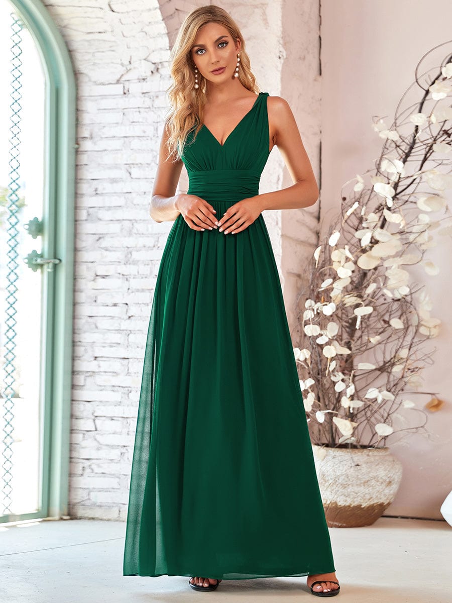 Elegant Sleeveless V-Neck Maxi Chiffon Bridesmaid Dress #color_Dark Green