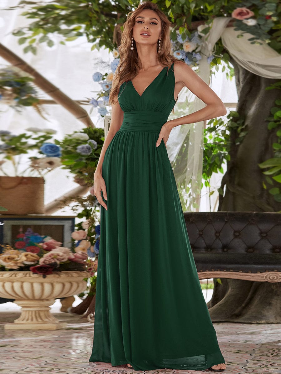 Elegant Sleeveless V-Neck Maxi Chiffon Bridesmaid Dress #color_Dark Green