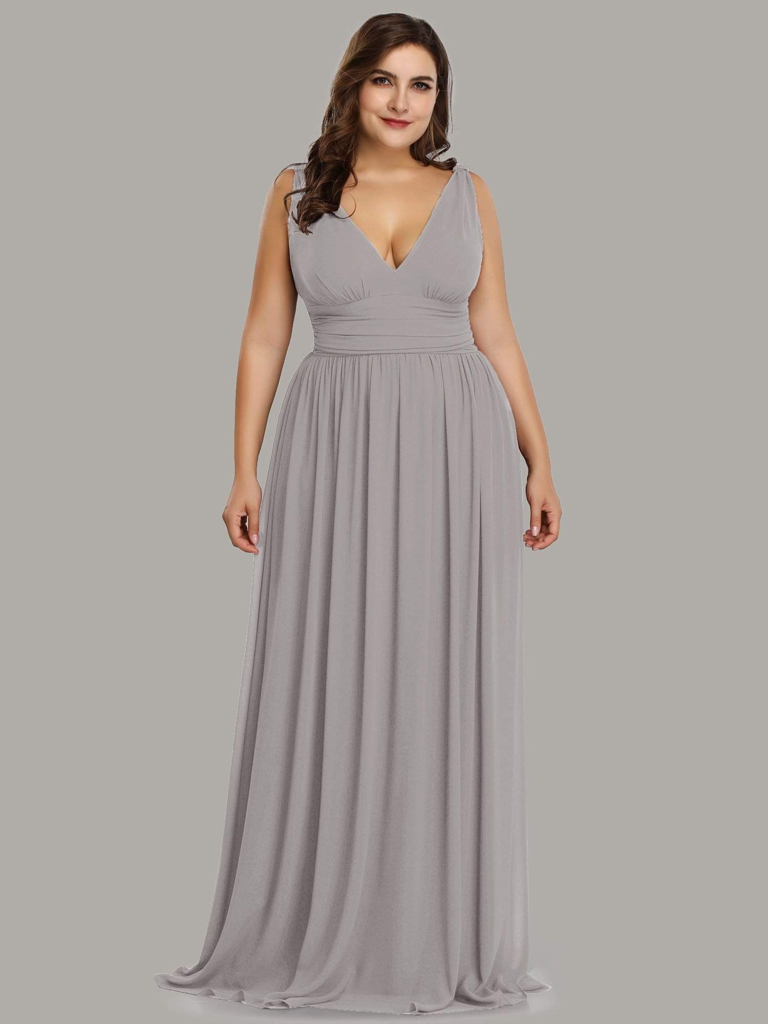 COLOR=Grey | Plus Size Sleeveless V-Neck Semi-Formal Chiffon Maxi Dress-Grey 1