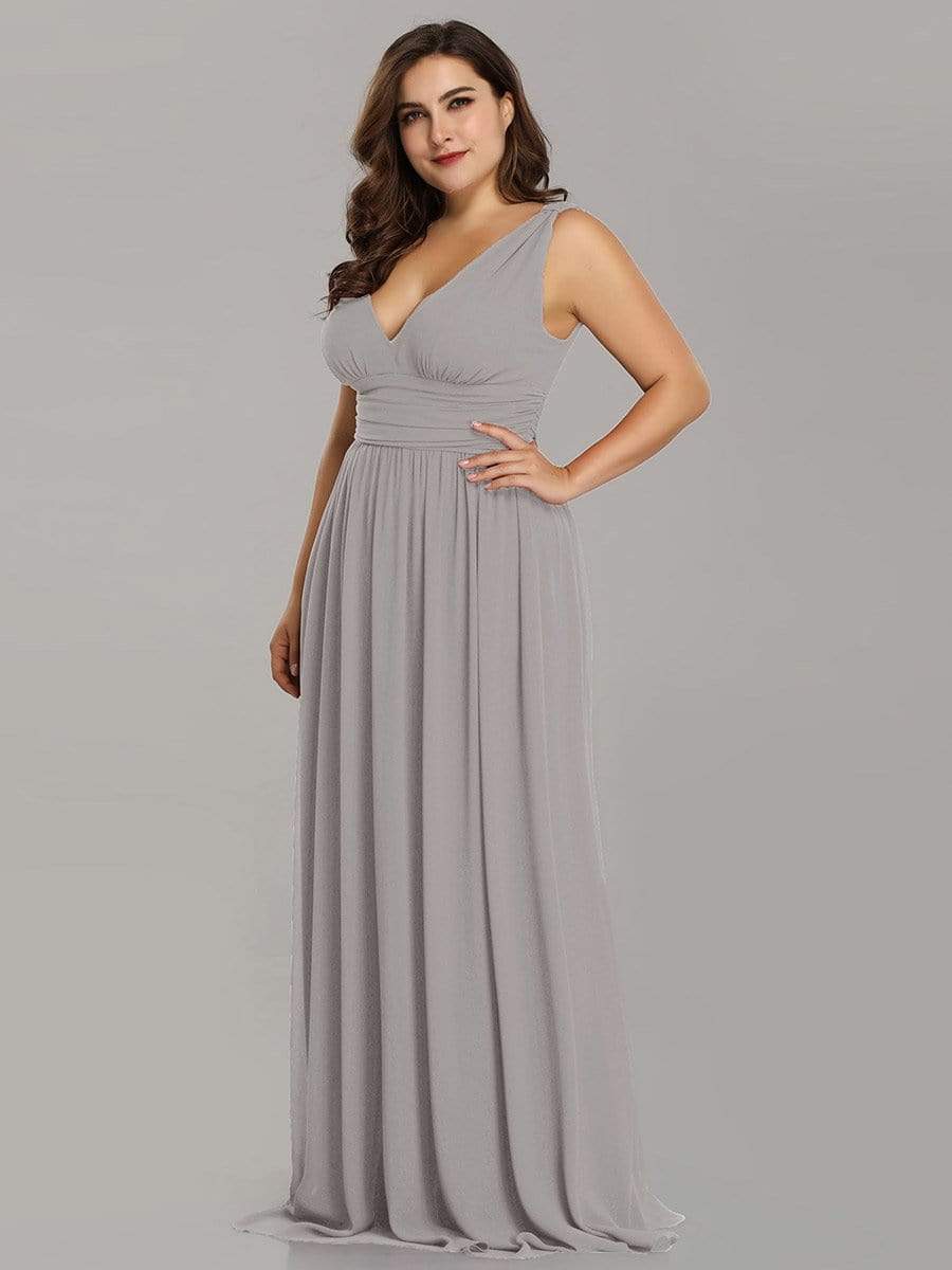 COLOR=Grey | Plus Size Sleeveless V-Neck Semi-Formal Chiffon Maxi Dress-Grey 3