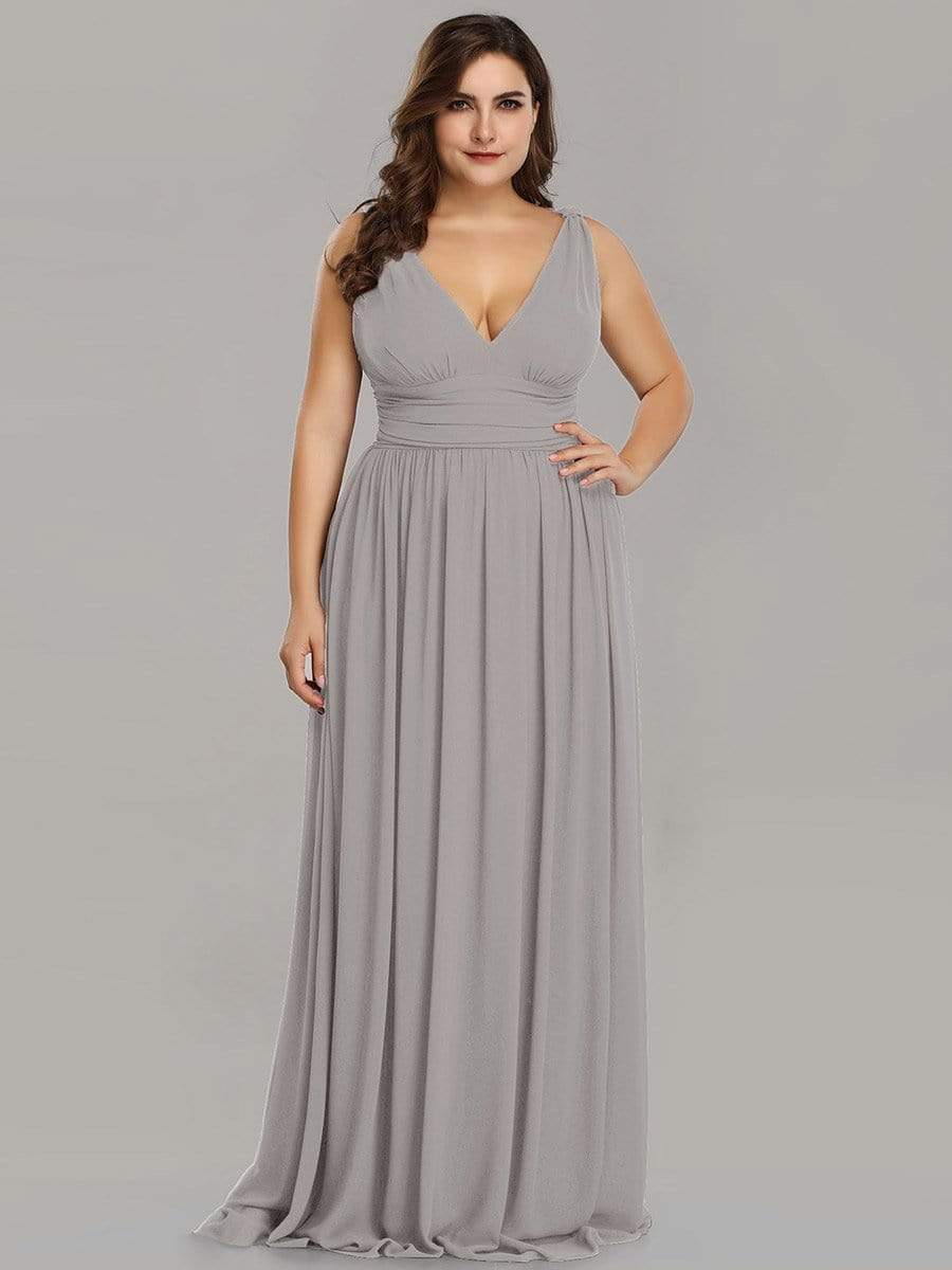 COLOR=Grey | Plus Size Sleeveless V-Neck Semi-Formal Chiffon Maxi Dress-Grey 4