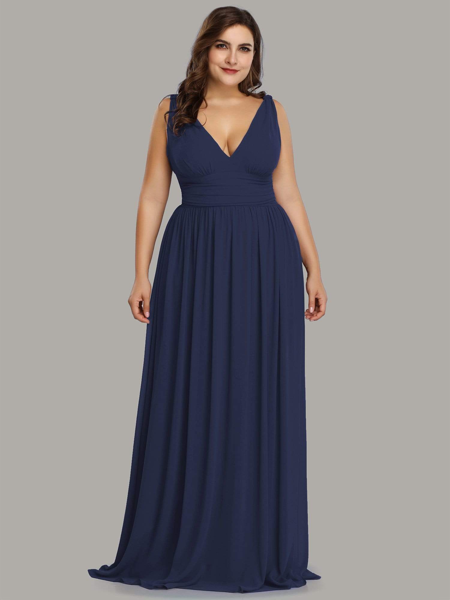 Color=Navy Blue | Plus Size Sleeveless V-Neck Semi-Formal Chiffon Maxi Dress-Navy Blue 1