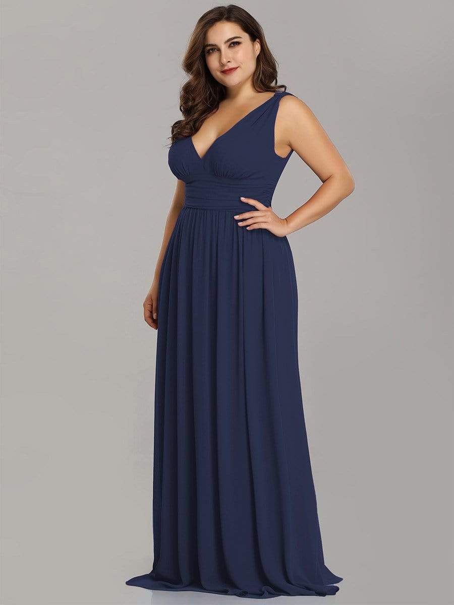 Color=Navy Blue | Plus Size Sleeveless V-Neck Semi-Formal Chiffon Maxi Dress-Navy Blue 3
