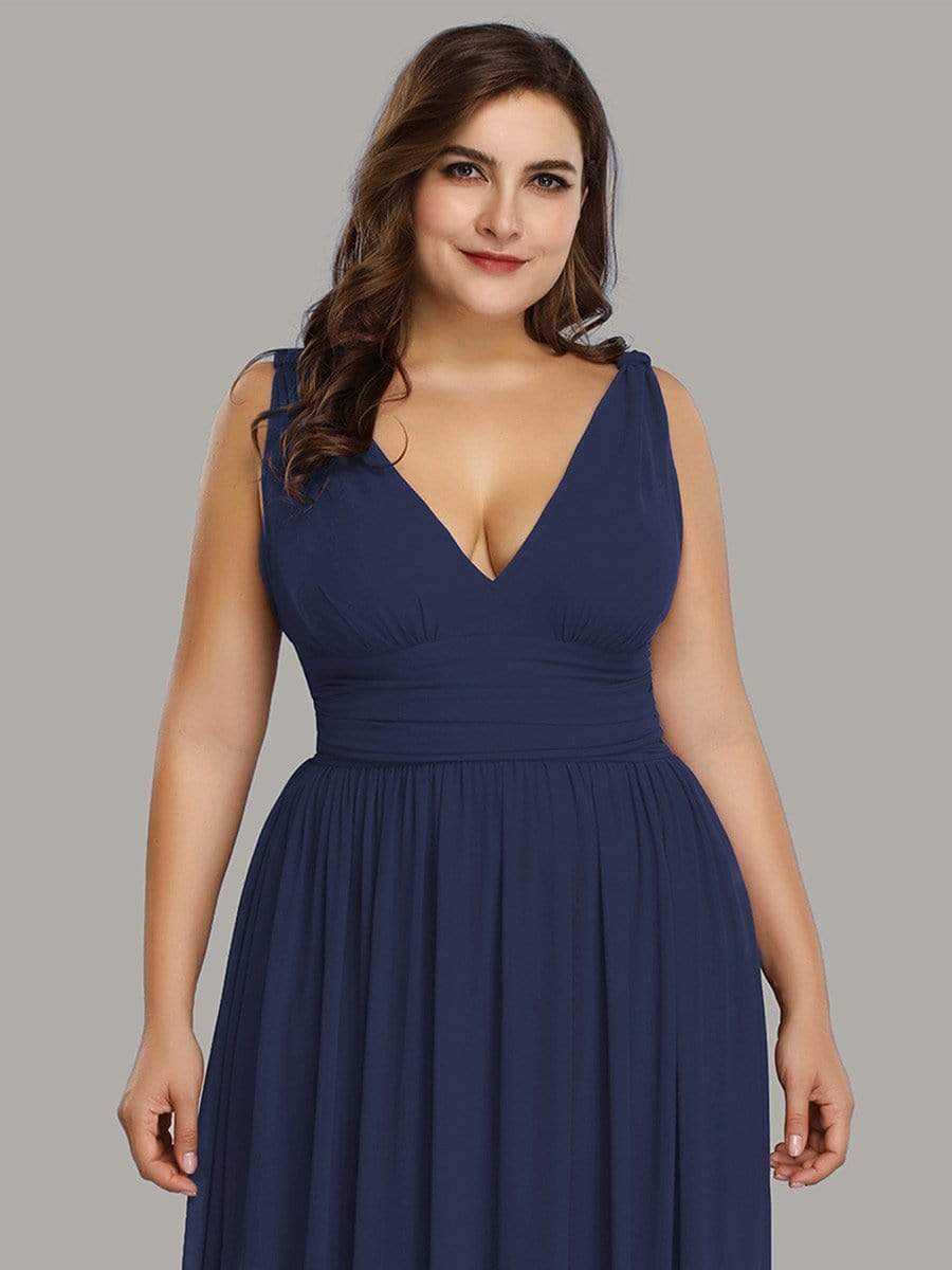 Color=Navy Blue | Plus Size Sleeveless V-Neck Semi-Formal Chiffon Maxi Dress-Navy Blue 5