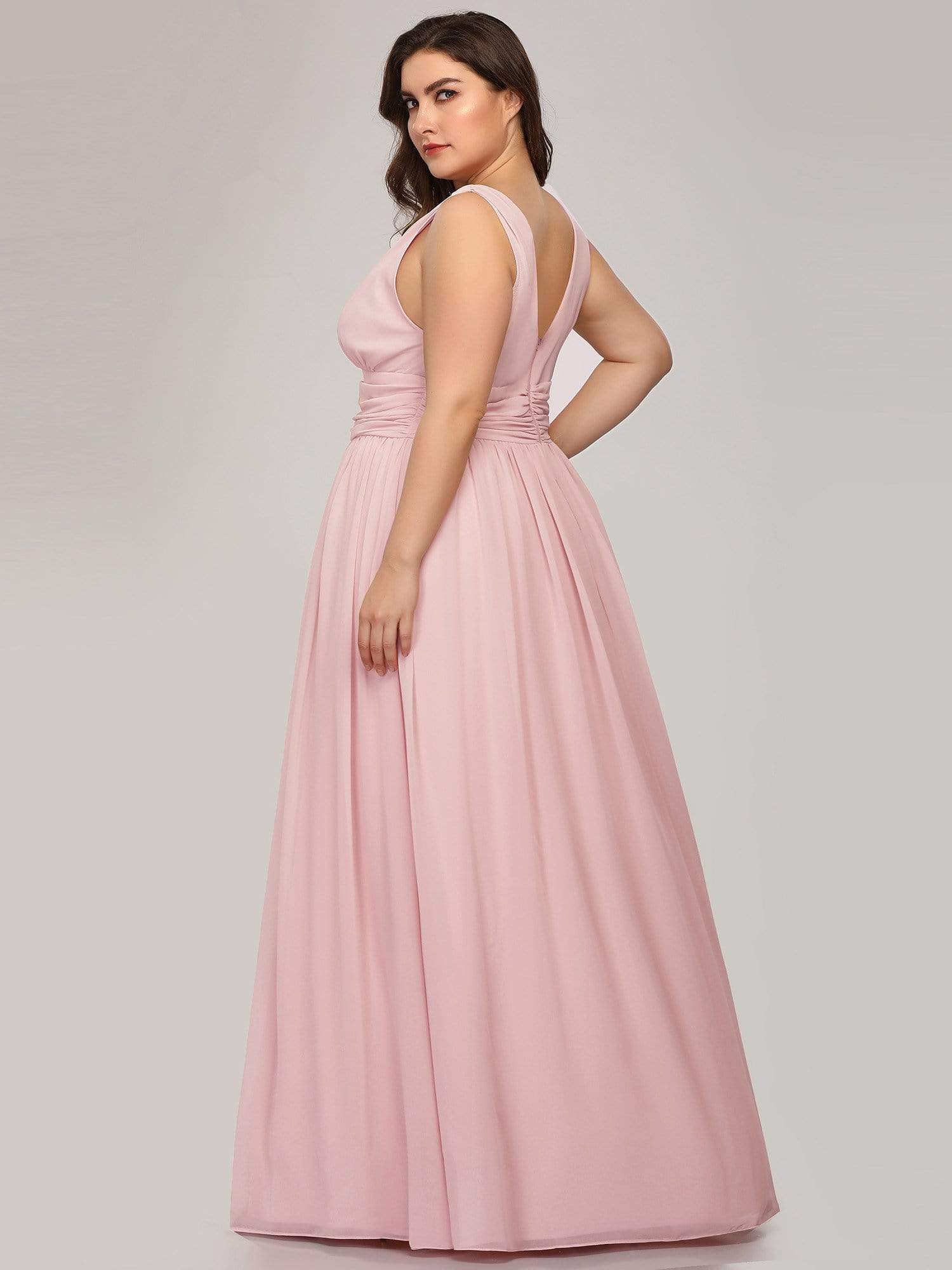 COLOR=Pink | Plus Size Sleeveless V-Neck Semi-Formal Chiffon Maxi Dress-Pink 3