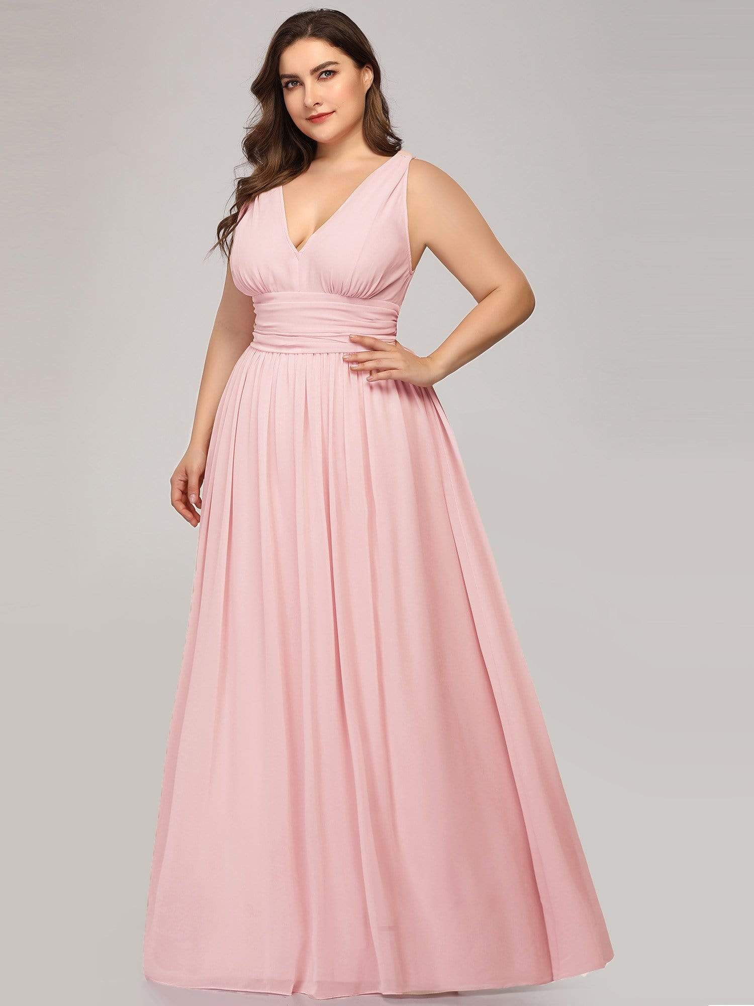 COLOR=Pink | Plus Size Sleeveless V-Neck Semi-Formal Chiffon Maxi Dress-Pink 1