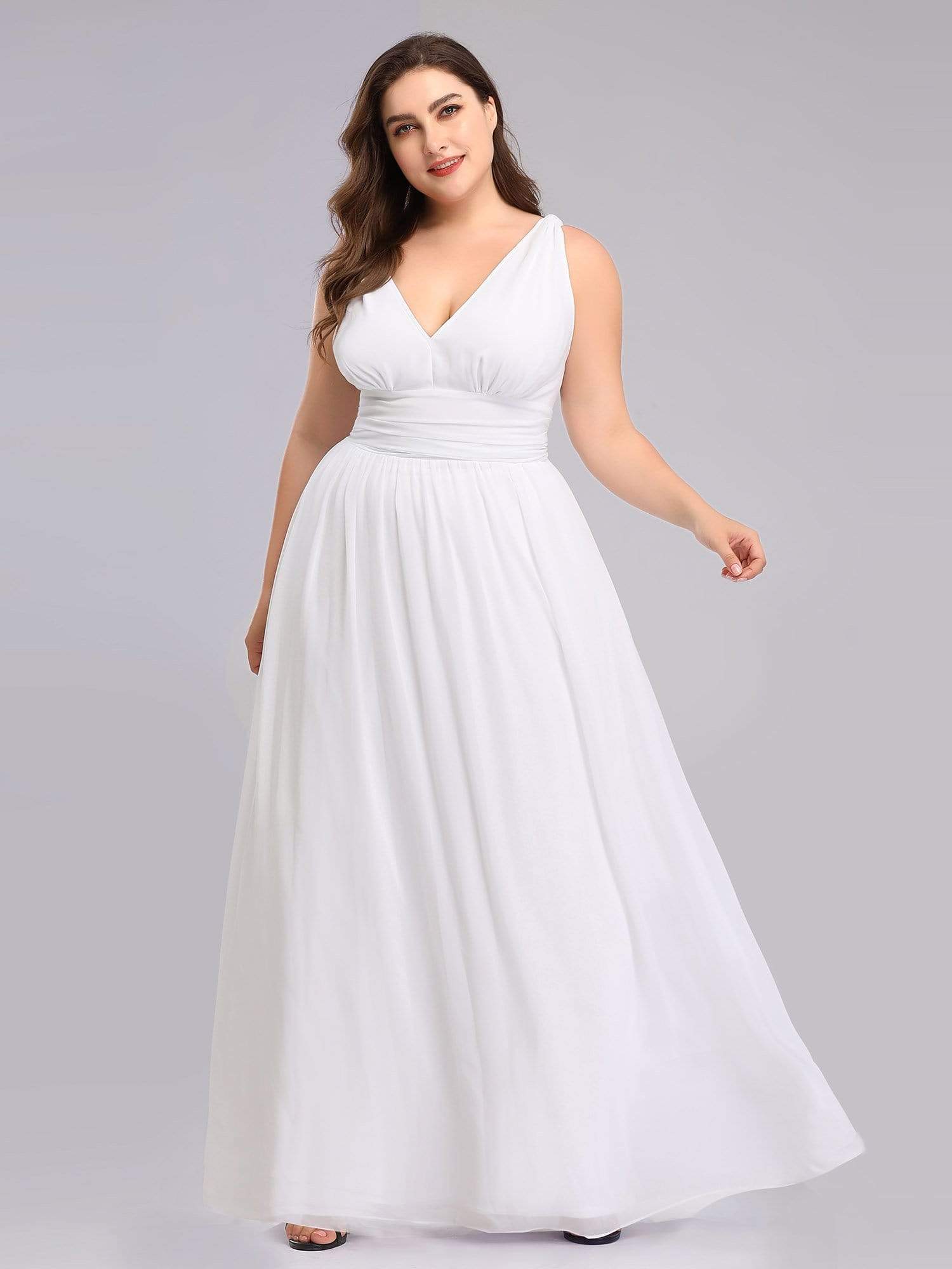 COLOR=White | Plus Size Sleeveless V-Neck Semi-Formal Chiffon Maxi Dress-White 3
