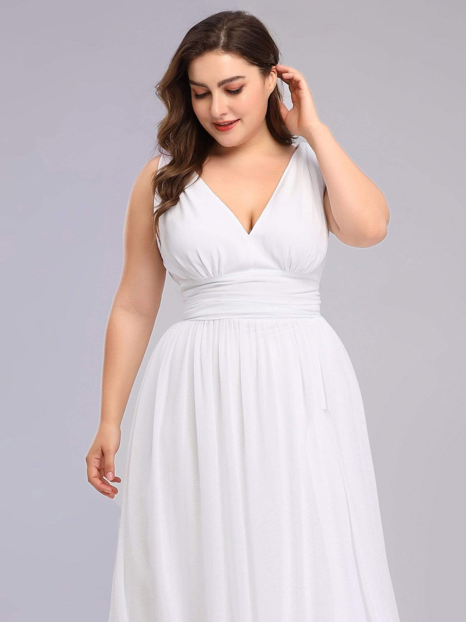 COLOR=White | Plus Size Sleeveless V-Neck Semi-Formal Chiffon Maxi Dress-White 5