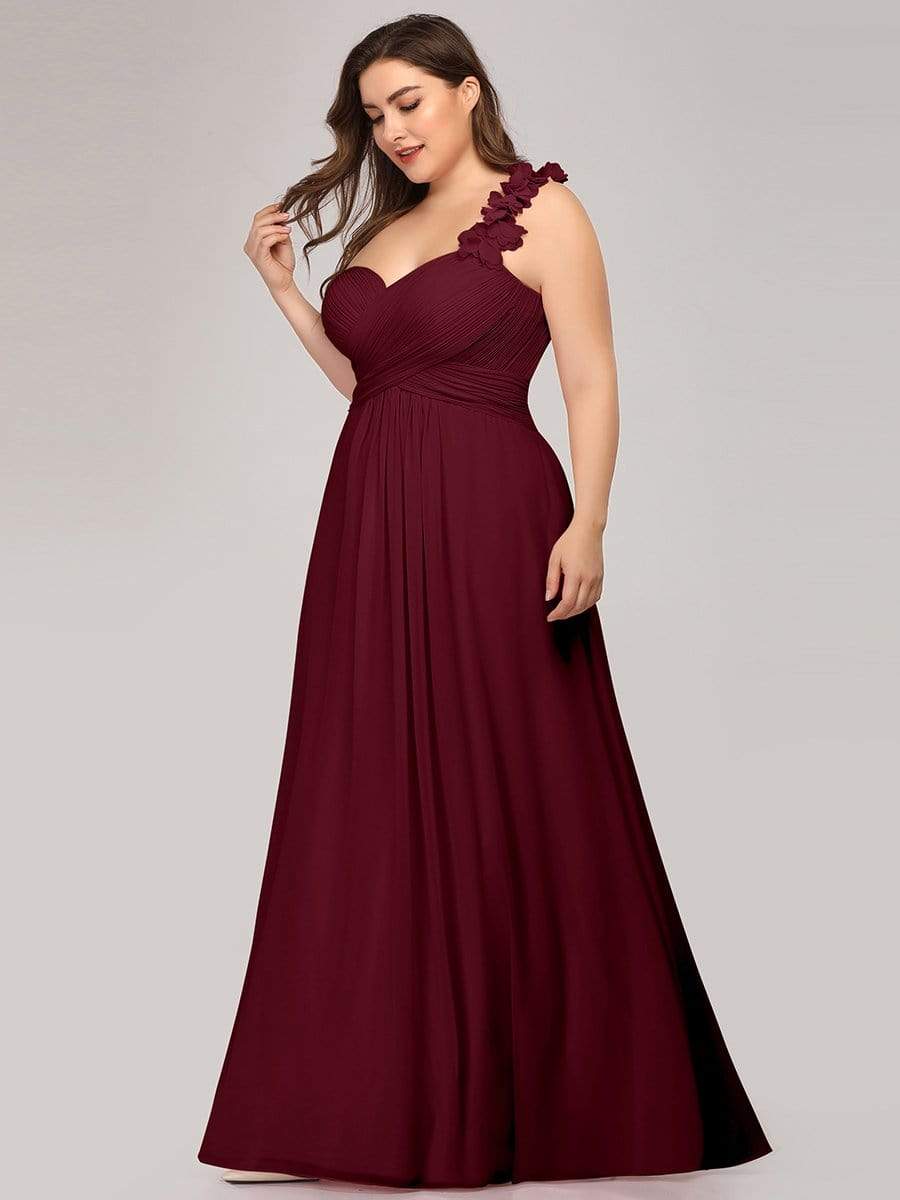 Color=Burgundy | Plus Size Chiffon One Shoulder Long Bridesmaid Dress-Burgundy 3