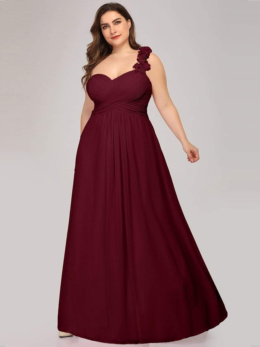 Color=Burgundy | Plus Size Chiffon One Shoulder Long Bridesmaid Dress-Burgundy 1