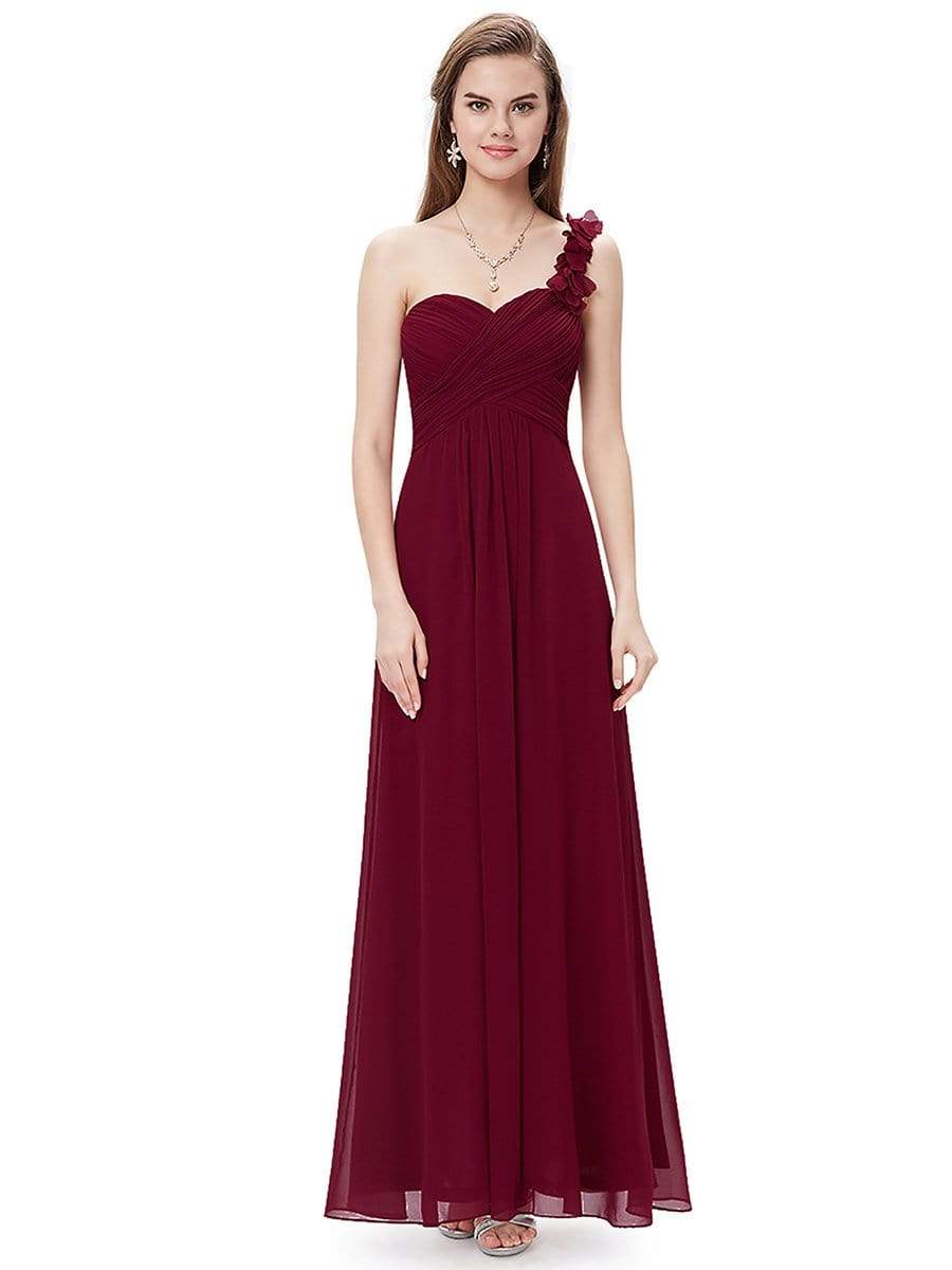 COLOR=Burgundy | Chiffon One Shoulder Long Bridesmaid Dress-Burgundy 1