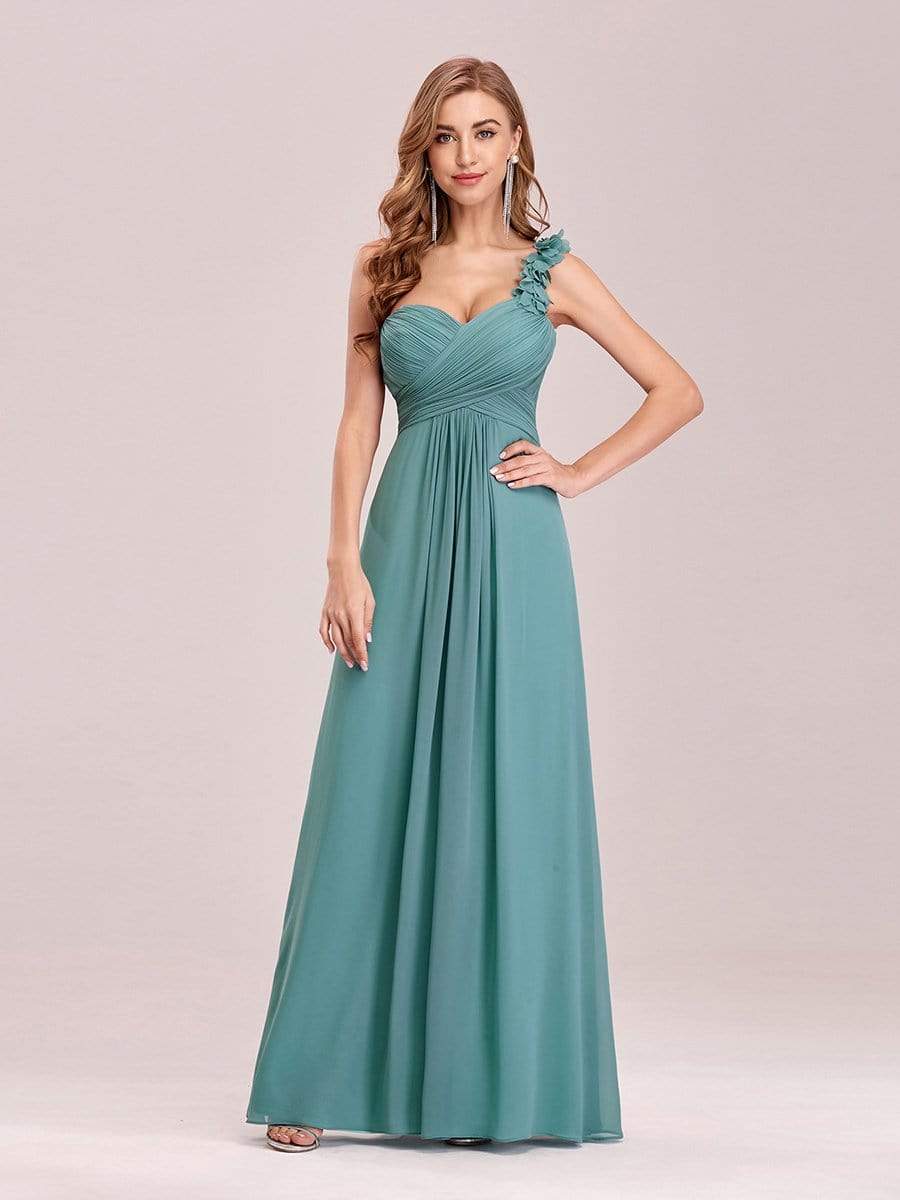 COLOR=Dusty Blue | Chiffon One Shoulder Long Bridesmaid Dress-Dusty Blue 1