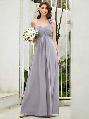 COLOR=Grey | Chiffon One Shoulder Long Bridesmaid Dress-Grey 1