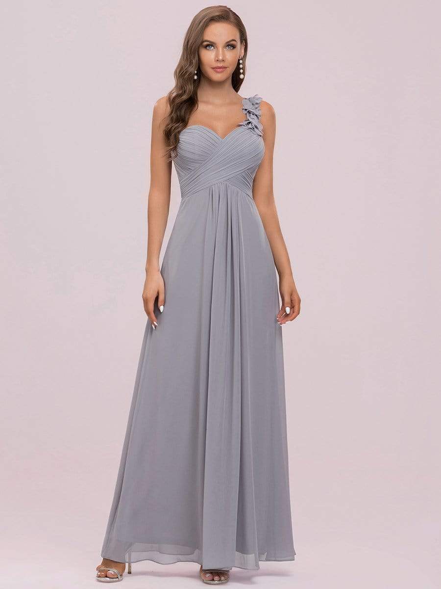 COLOR=Grey | Chiffon One Shoulder Long Bridesmaid Dress-Grey 3