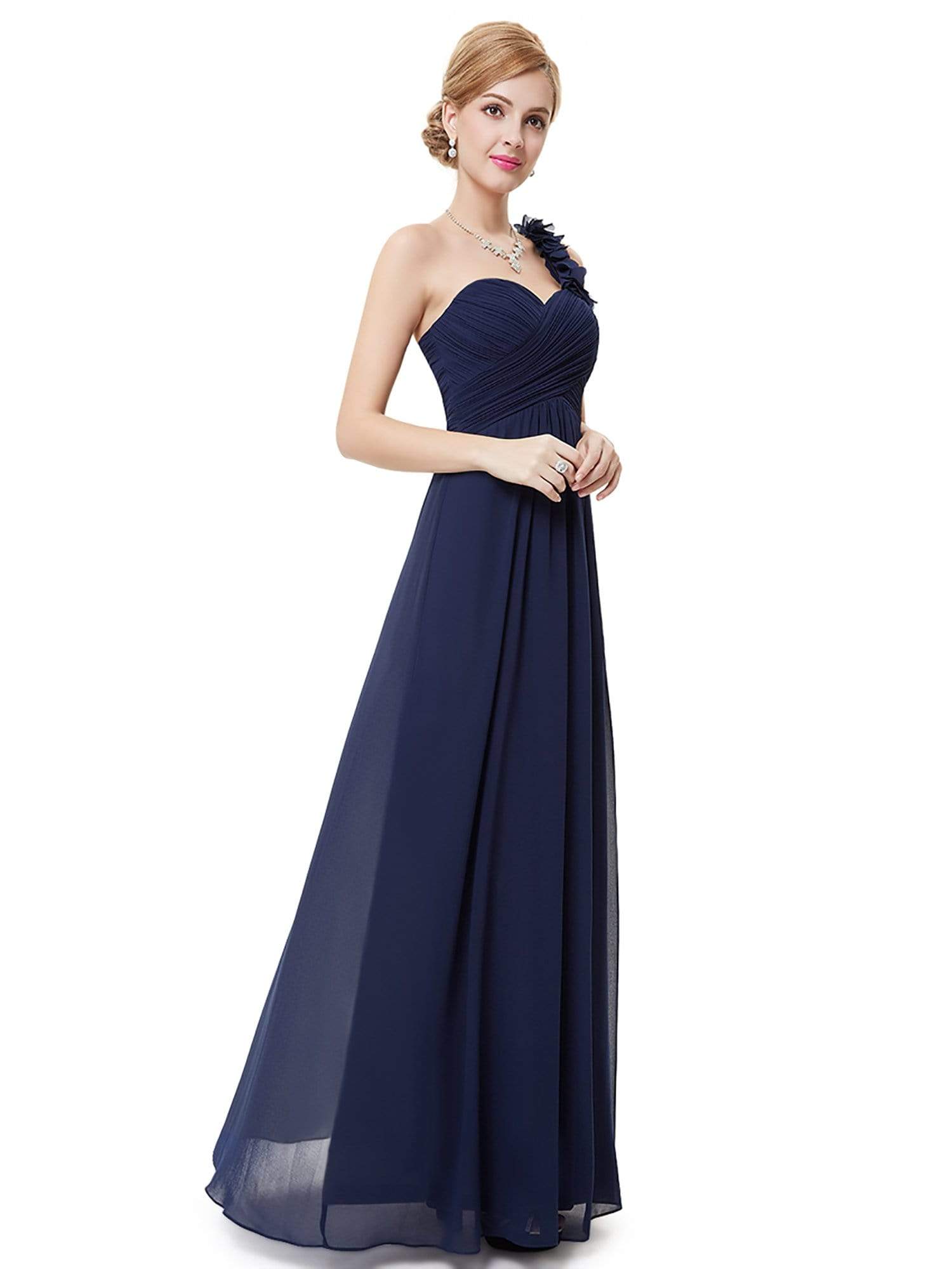 COLOR=Navy Blue | Chiffon One Shoulder Long Bridesmaid Dress-Navy Blue 1