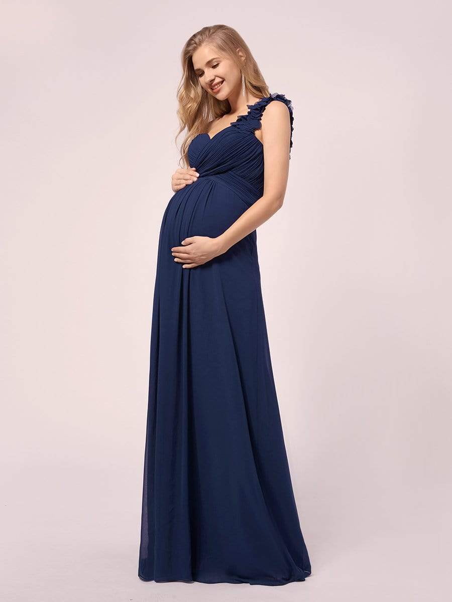 navy blue chiffon maternity dress Dark Navy Maternity Formal Dress with Scoop Neck, Long Chiffon Sleeves & Flowing A-Line Skirt