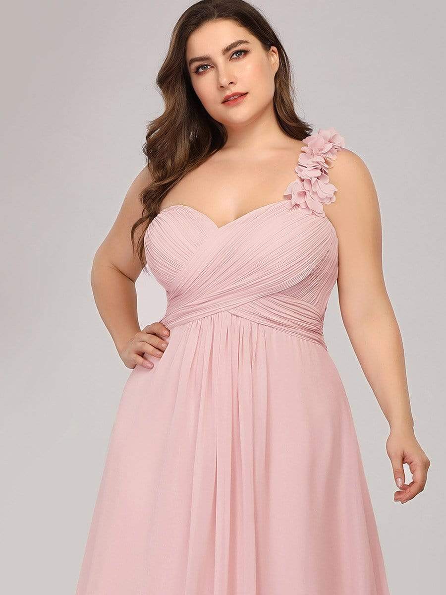 Color=Pink | Plus Size Chiffon One Shoulder Long Bridesmaid Dress-Pink 5