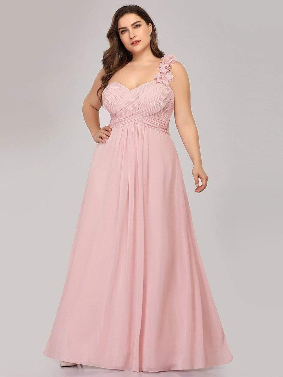 Color=Pink | Plus Size Chiffon One Shoulder Long Bridesmaid Dress-Pink 1