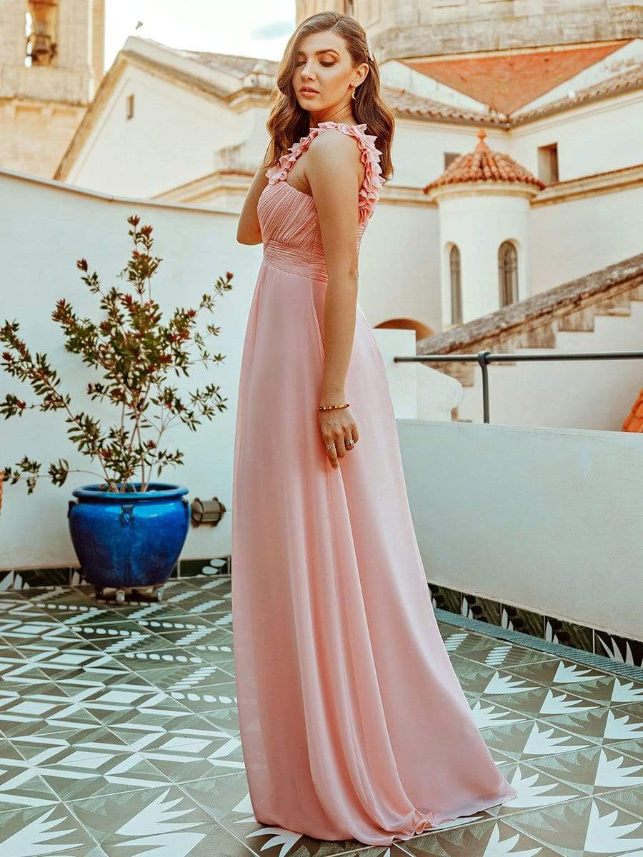 COLOR=Pink | Chiffon One Shoulder Long Bridesmaid Dress-Pink 2