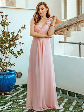 COLOR=Pink | Chiffon One Shoulder Long Bridesmaid Dress-Pink 1