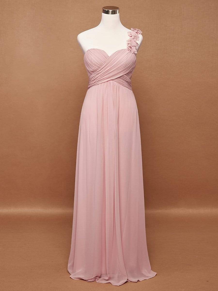 COLOR=Pink | Chiffon One Shoulder Long Bridesmaid Dress-Pink 9