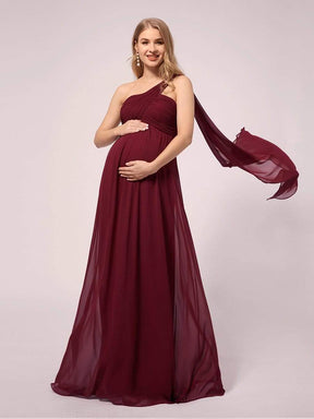COLOR=Burgundy | Simple One Shoulder Chiffon Maternity Dresses-Burgundy 1