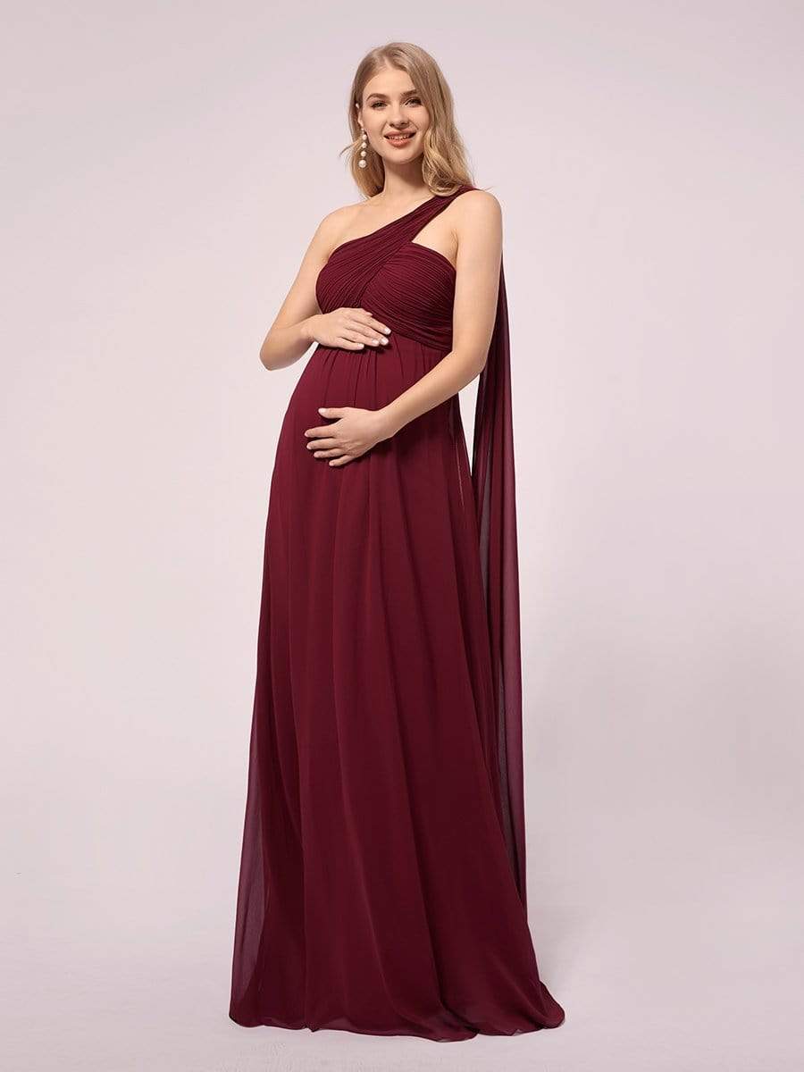 COLOR=Burgundy | Simple One Shoulder Chiffon Maternity Dresses-Burgundy 4