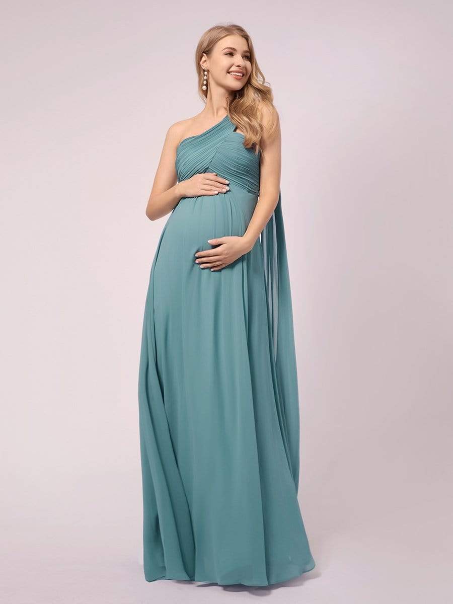 COLOR=Dusty Blue | Simple One Shoulder Chiffon Maternity Dresses-Dusty Blue 5
