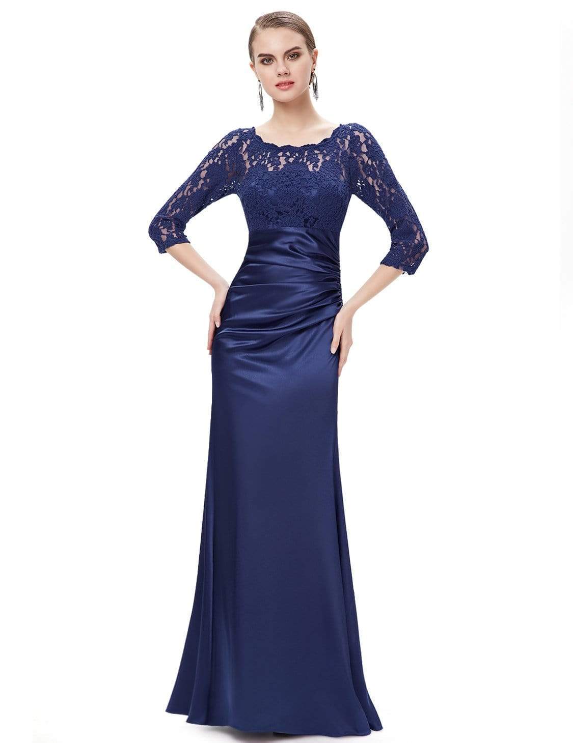 Color=Navy Blue | Lace Long Sleeve Formal Evening Dress-Navy Blue 4