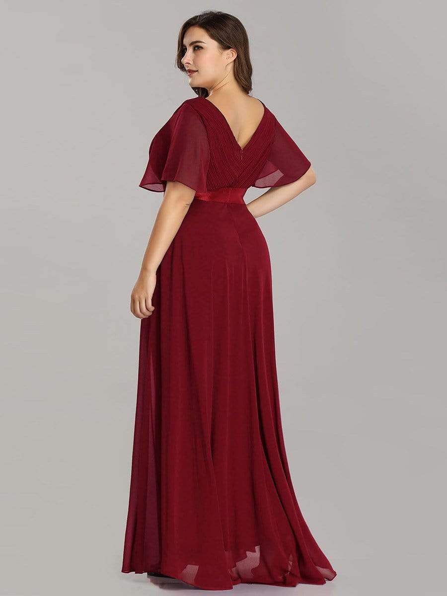 COLOR=Burgundy | Long Empire Waist Evening Dress With Short Flutter Sleeves-Burgundy 8