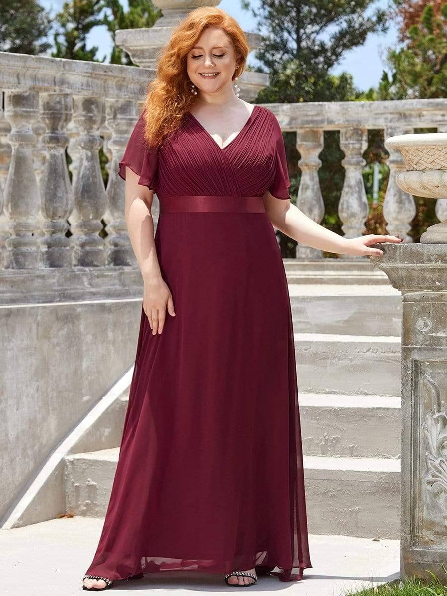 COLOR=Burgundy | Plus Size Long Empire Waist Evening Dress With Short Flutter Sleeves-Burgundy 1